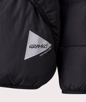 Gramicci x and wander Down Jacket in Black. Shot at EQVVS. Detail shot. 