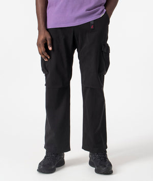 Gramicci Relaxed Fit Rig Cargo Pants in Black, 100% Organic Cotton. At EQVVS Menswear. Front detail shot.