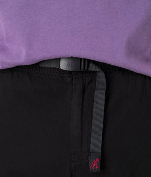 Gramicci Relaxed Fit Rig Cargo Pants in Black, 100% Organic Cotton. At EQVVS Menswear. Front waist close up shot.
