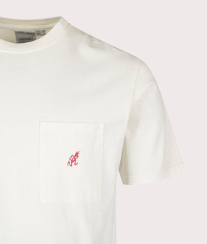 Gramicci One Point Pigment Dyed T-Shirt in Natural Pigment at EQVVS Menswear. Detail shot.