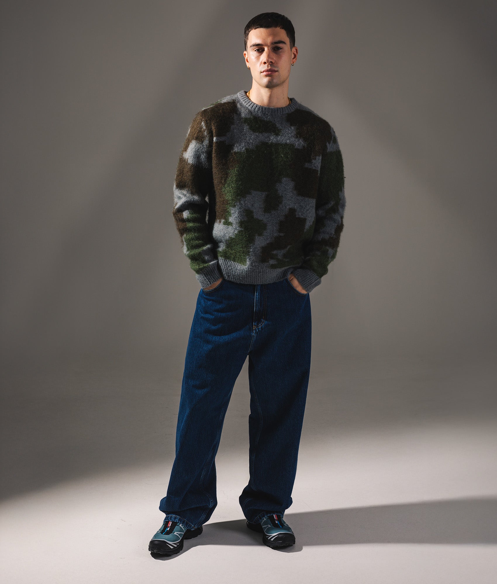 Relaxed Fit Mohair Sweatshirt in Jungle Digi Camo | Gramicci | EQVVS | Front promo shot 