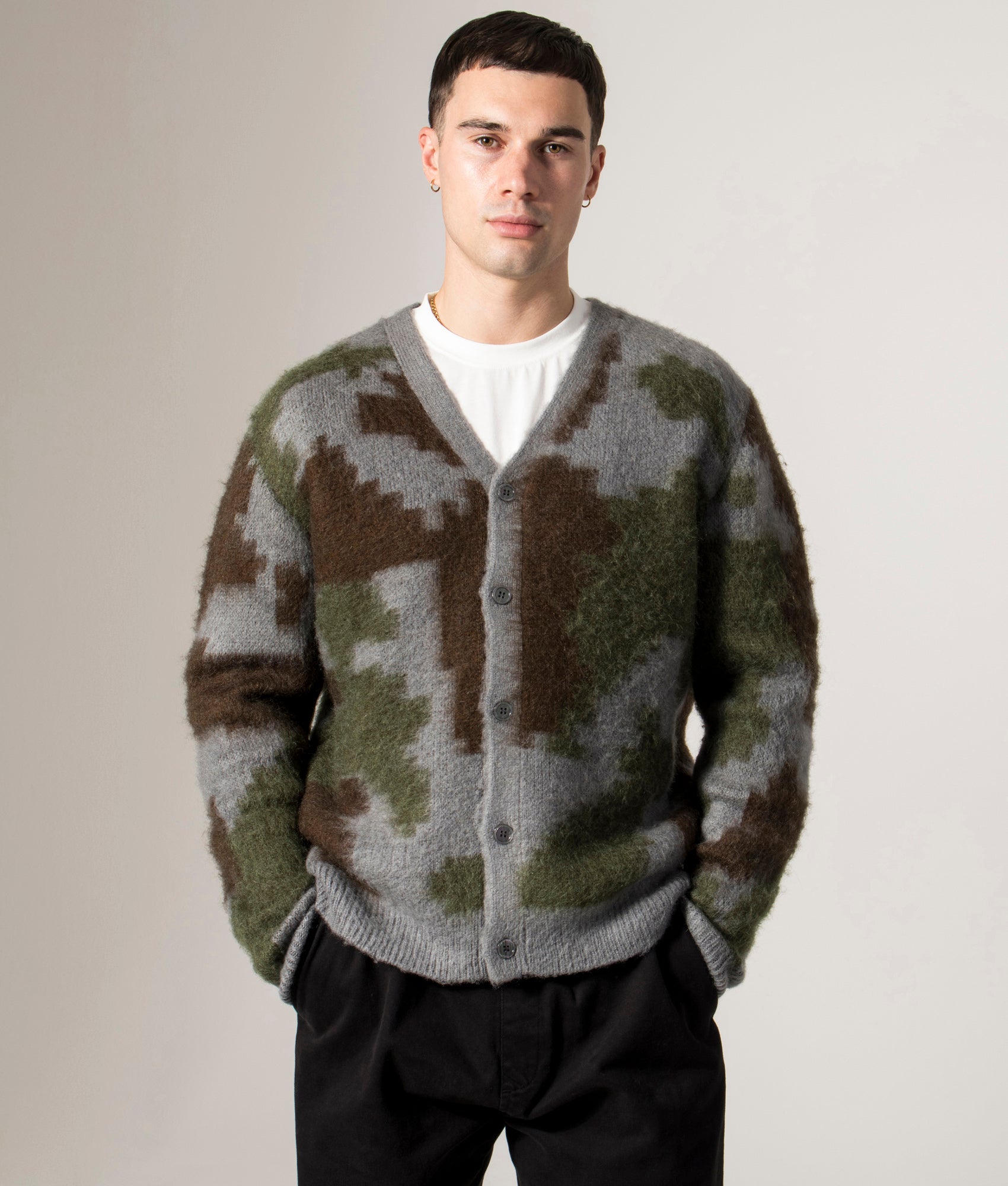 Relaxed Fit Mohair Cardigan in Jungle Digi Camo | Gramicci | EQVVS | Front model shot 