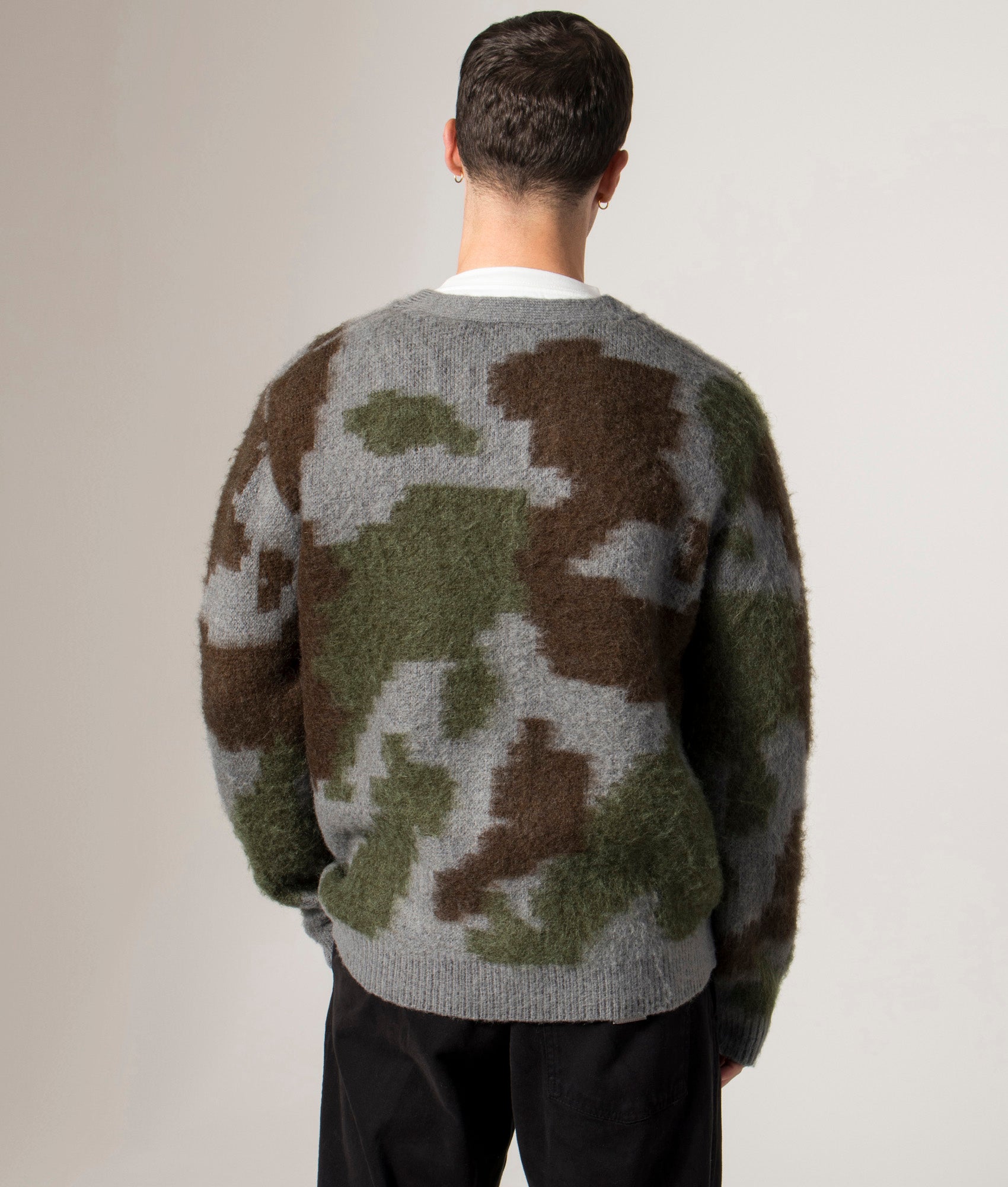 Relaxed Fit Mohair Cardigan in Jungle Digi Camo | Gramicci | EQVVS | Back model shot 