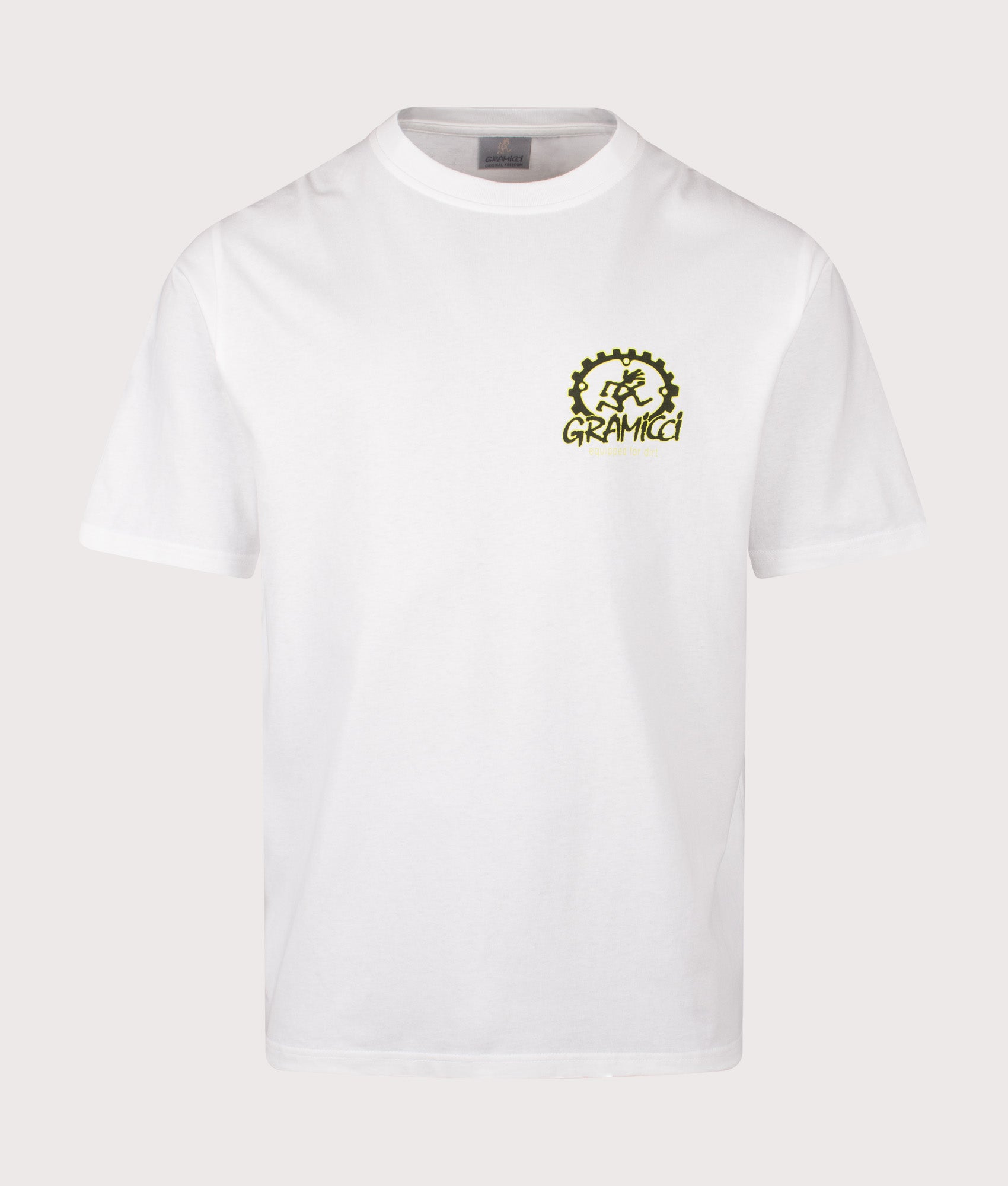 Gramicci Equipped For Dirt T-Shirt in White at EQVVS Menswear. Font shot.
