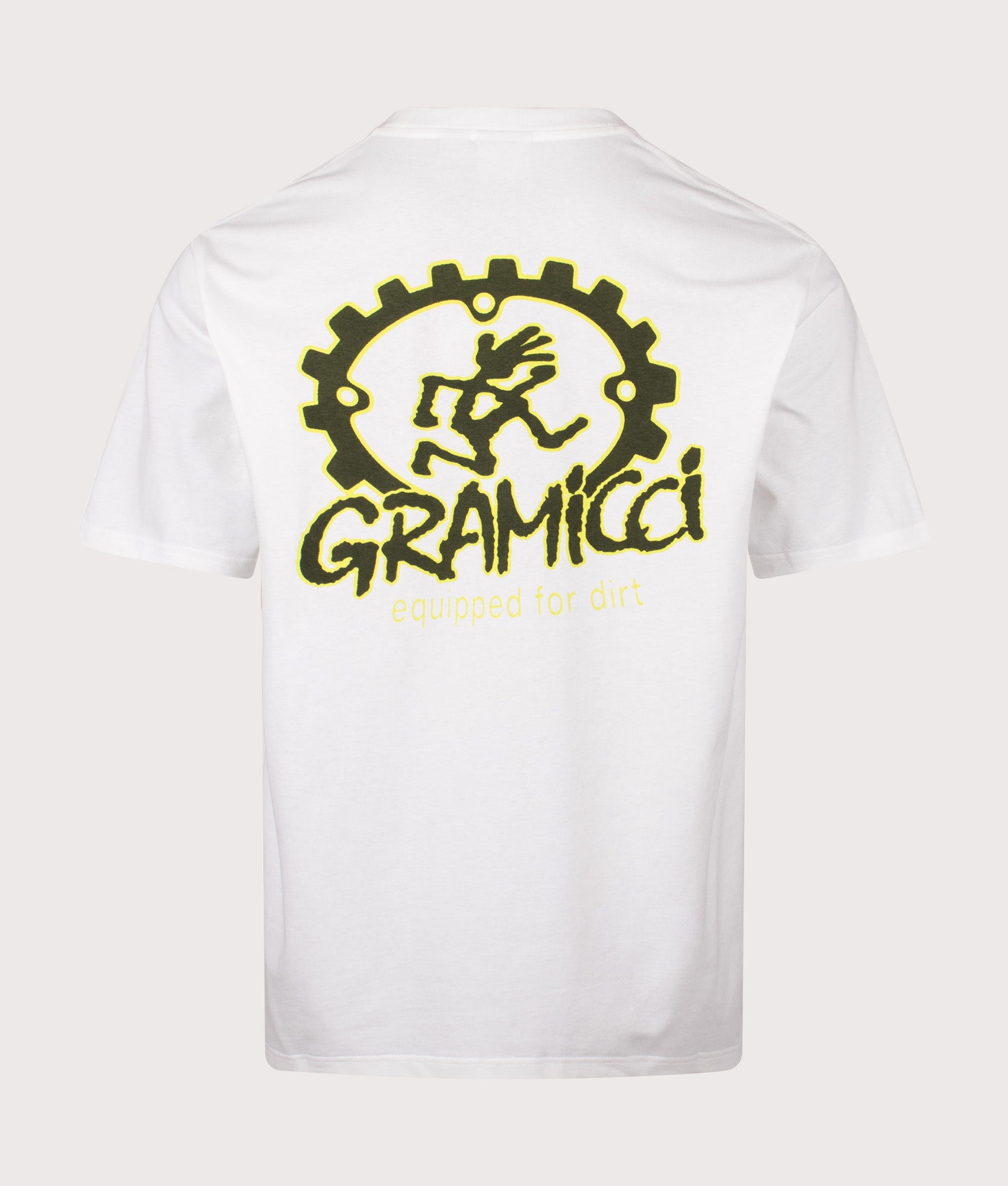 Gramicci Equipped For Dirt T-Shirt in White at EQVVS Menswear. Back shot.