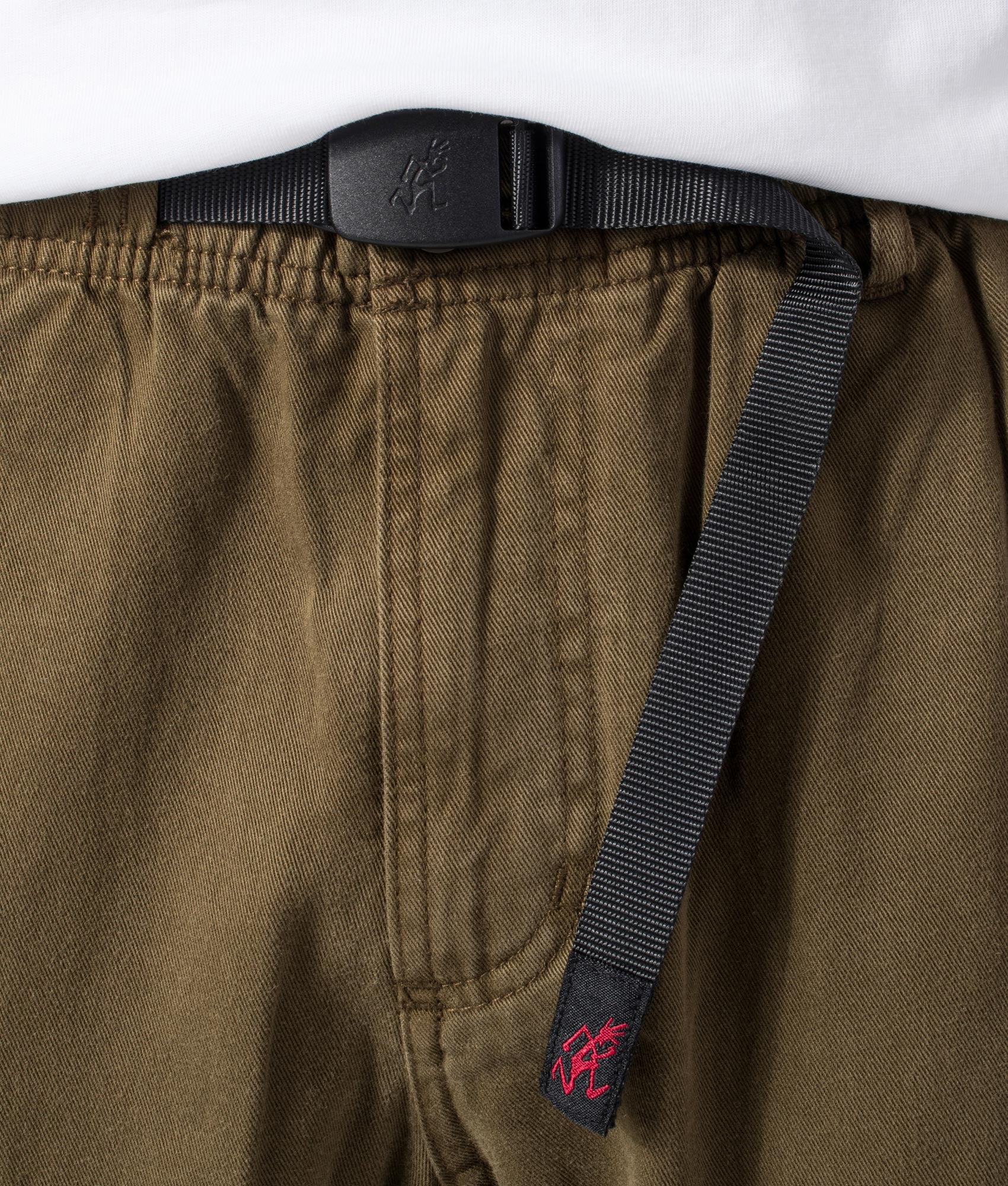 Straight Fit Gramicci Pants in Bark Pigment by Gramicci. Shot by EQVVS. Front Detail Shot.