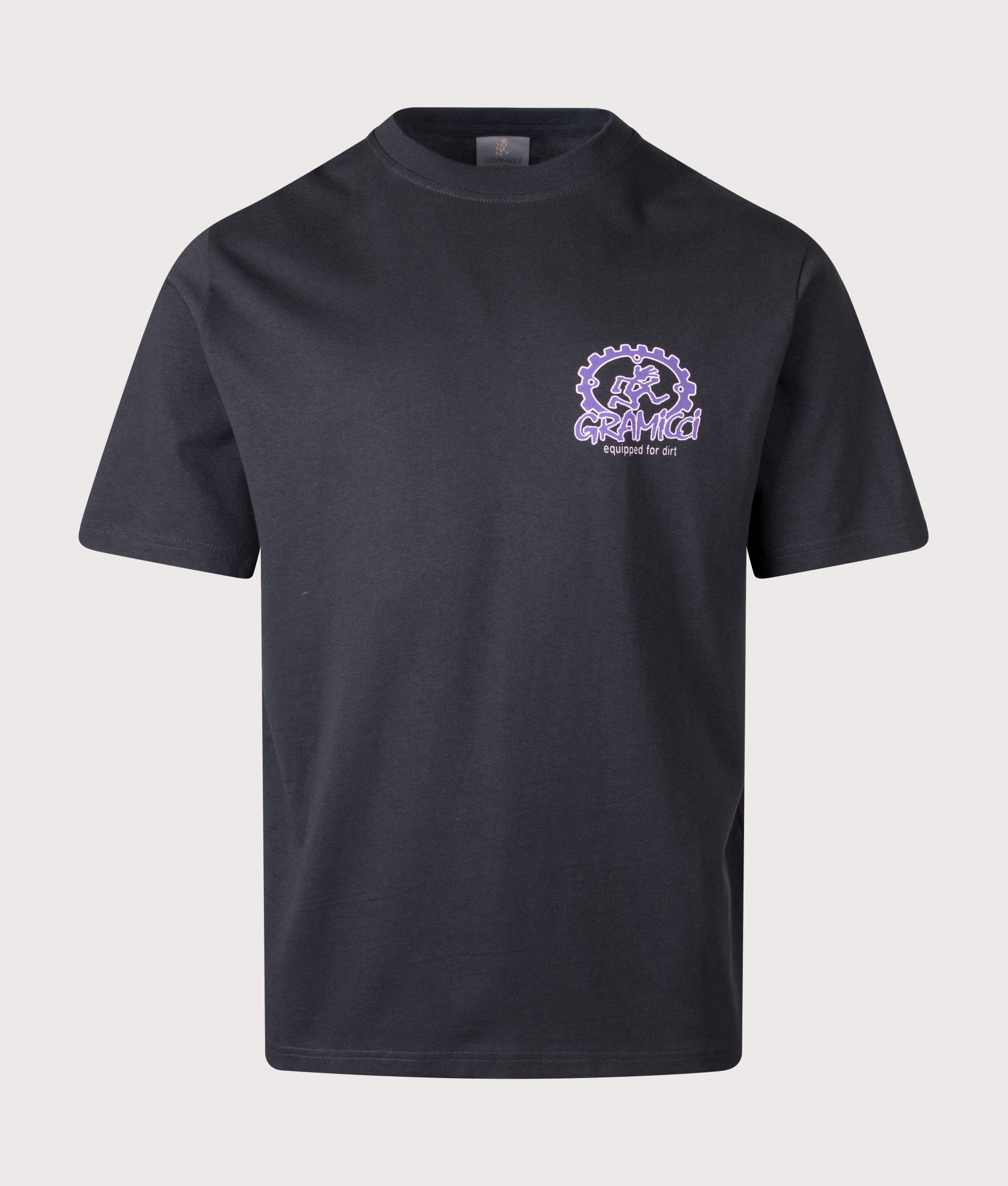 Gramicci Equipped For Dirt T-Shirt in Vintage Black at EQVVS Menswear. Front shot.