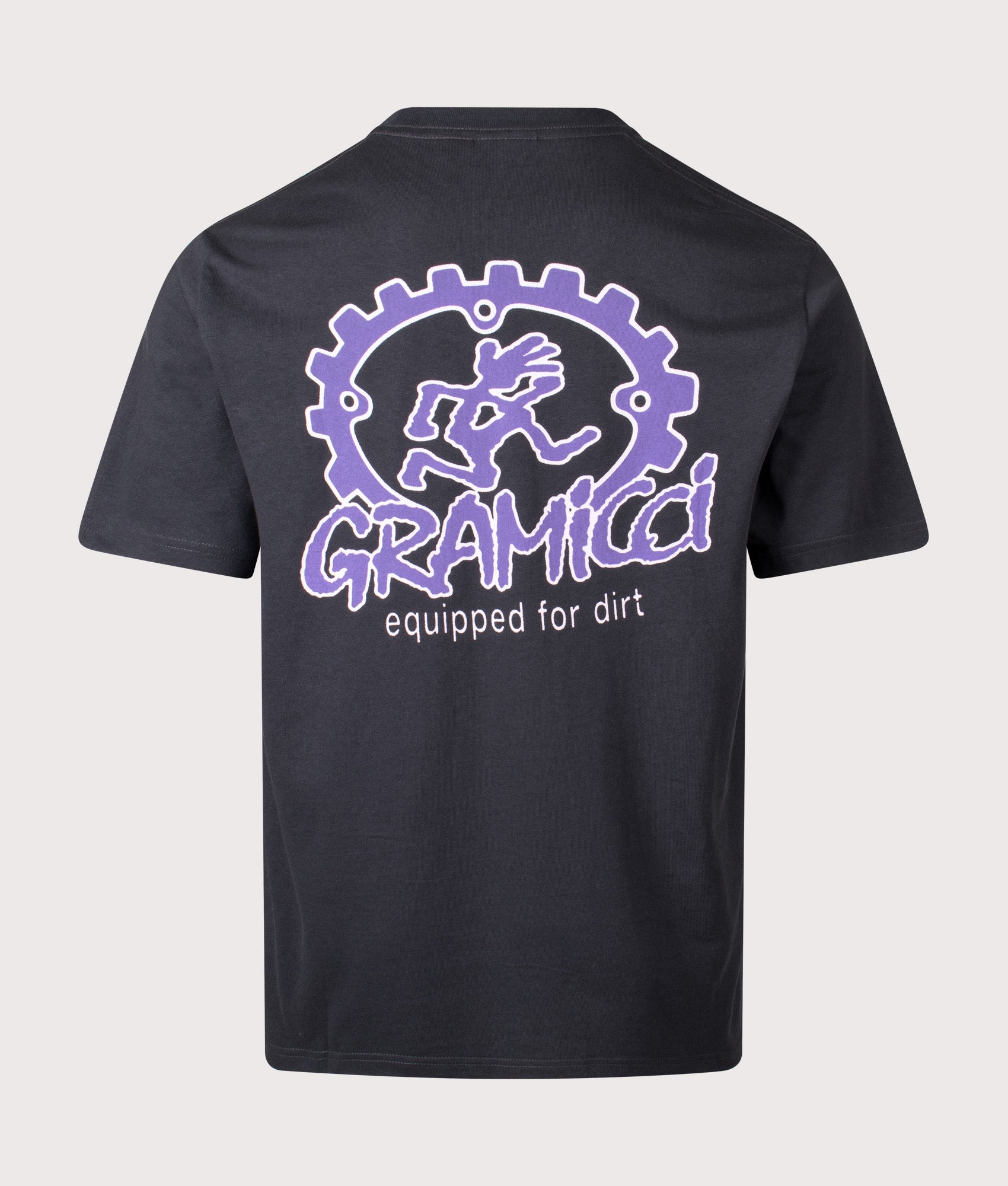 Gramicci Equipped For Dirt T-Shirt in Vintage Black at EQVVS Menswear. Back shot.