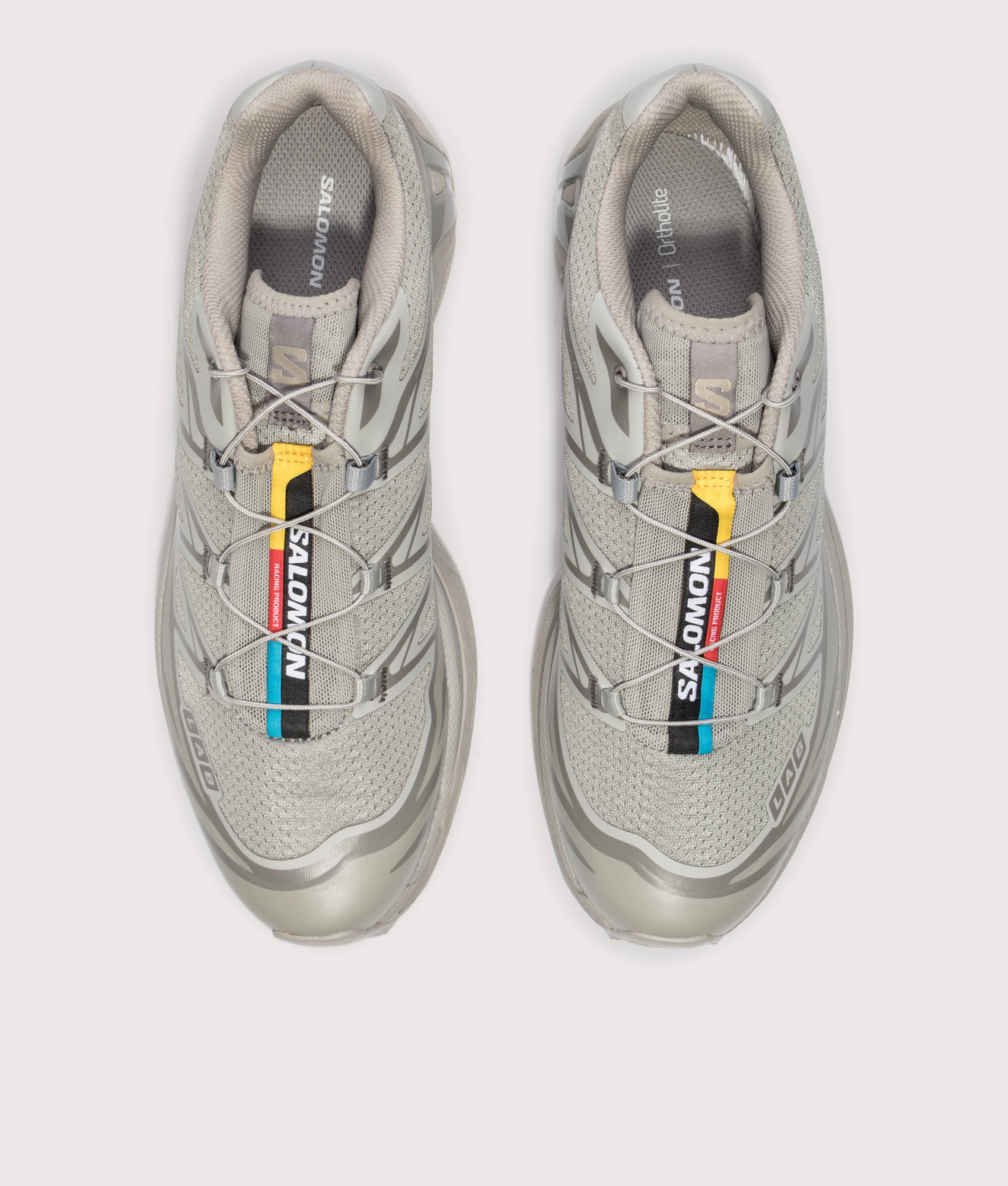 SALOMON XT-6 in Ghost Gray and Gray Flannel at EQVVS Menswear. Top shot.