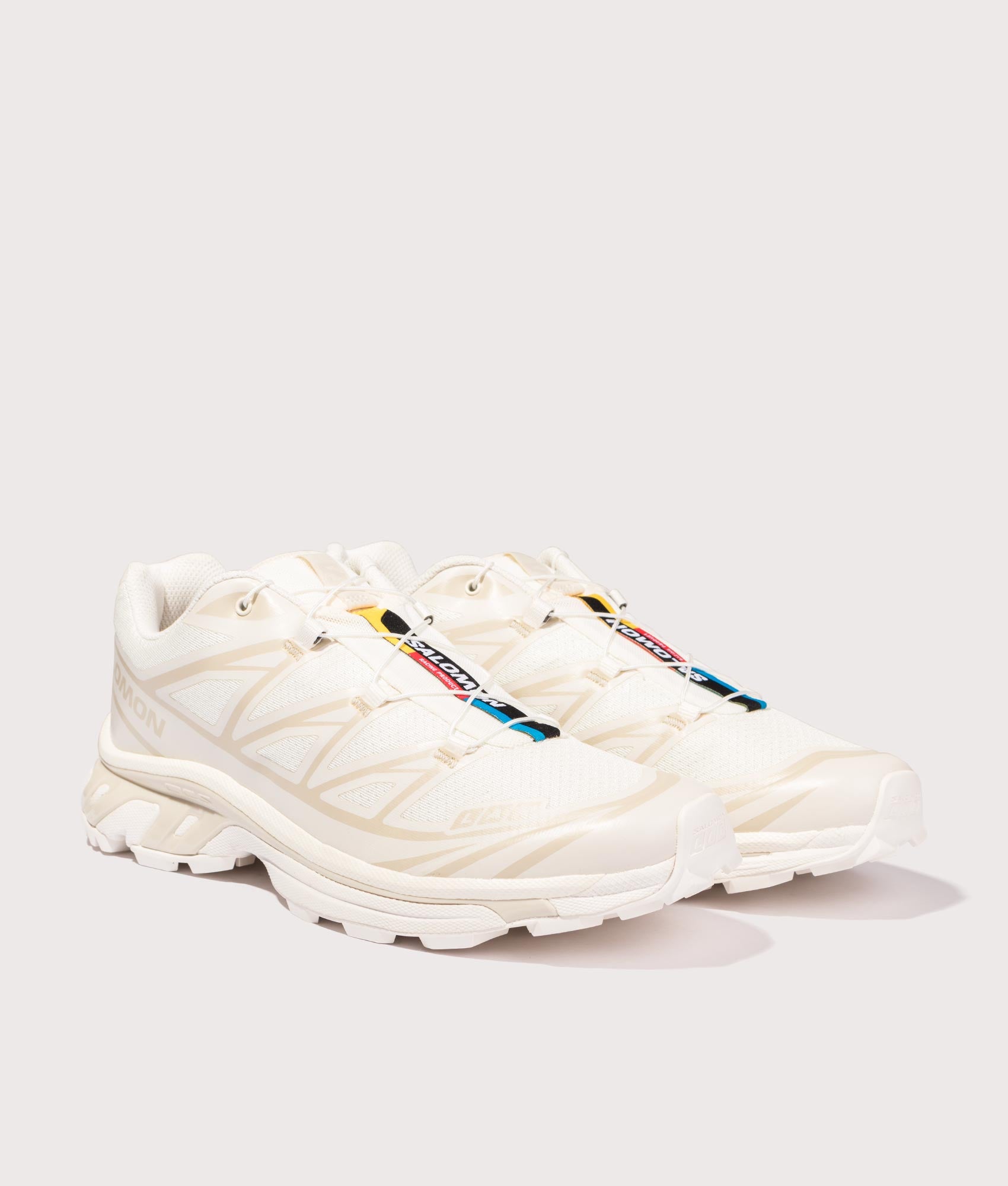 SALOMON XT-6 Sneakers in Vanilla Ice/Vanilla Ice/Almond Milk at EQVVS Menswear. Angled front shot.