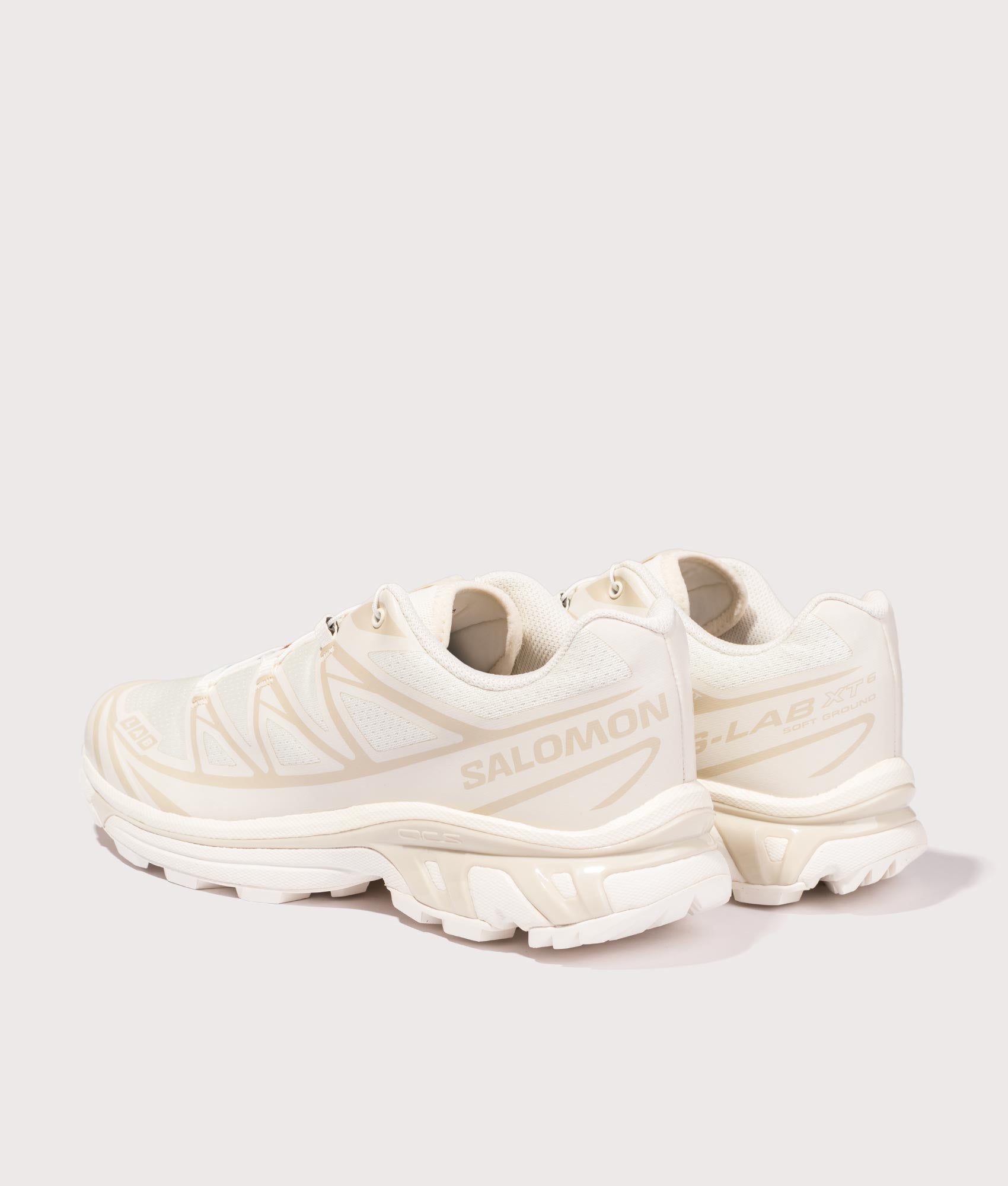 SALOMON XT-6 Sneakers in Vanilla Ice/Vanilla Ice/Almond Milk at EQVVS Menswear. Angled back shot. 