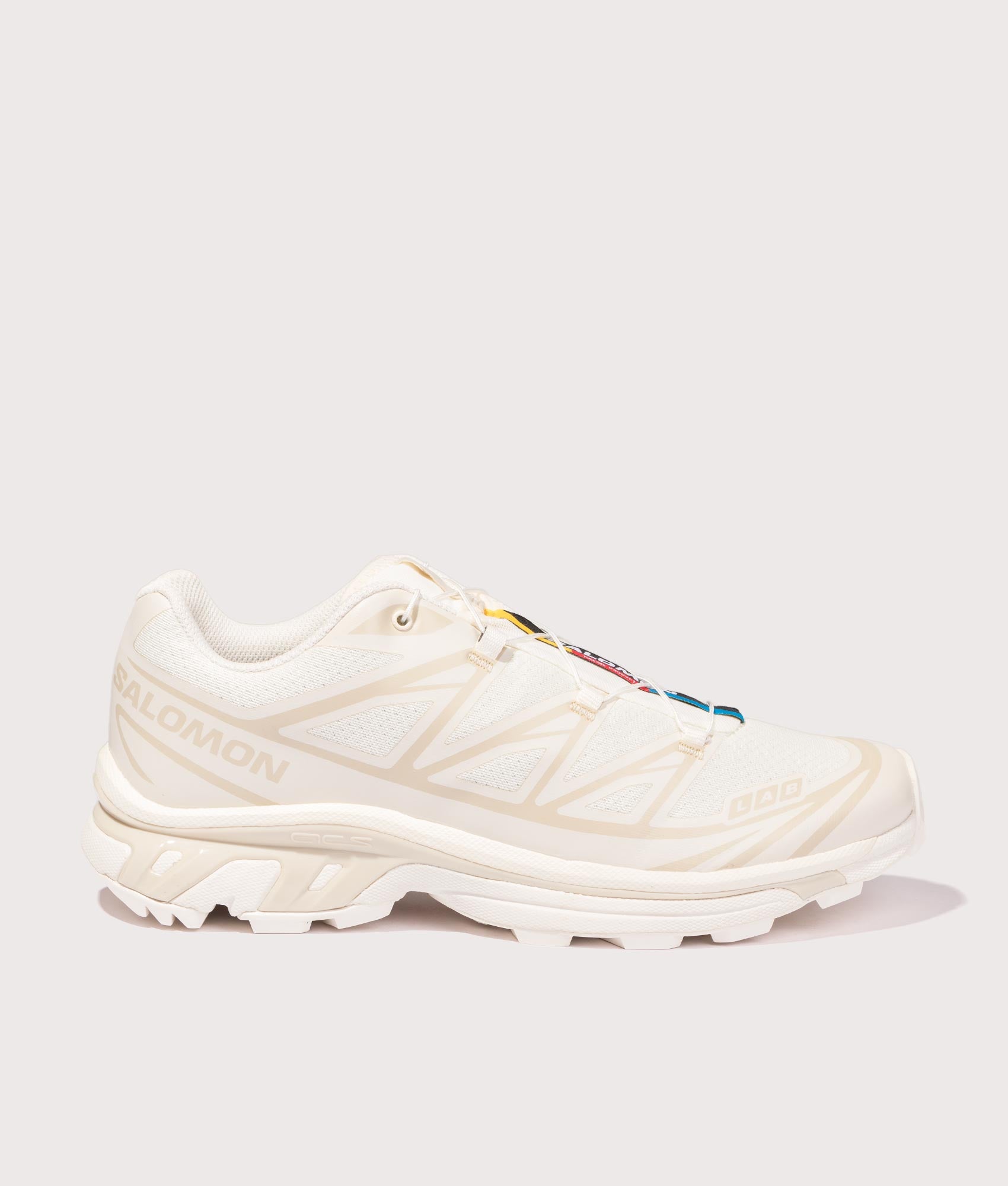 SALOMON XT-6 Sneakers in Vanilla Ice/Vanilla Ice/Almond Milk at EQVVS Menswear. Side shot.