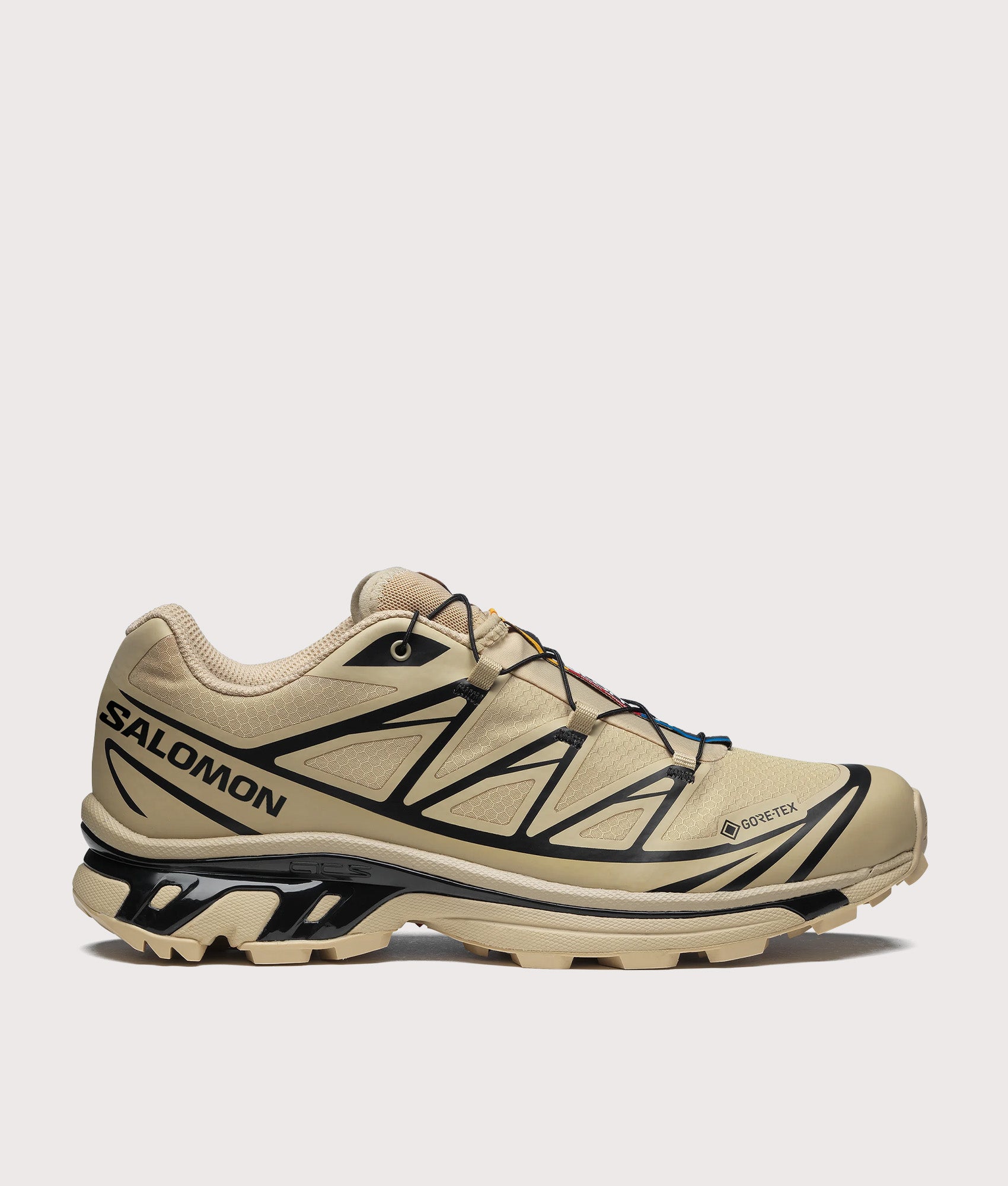 SALOMON XT-6 GTX Sneakers in Safari and Black at EQVVS Menswear. Side shot.