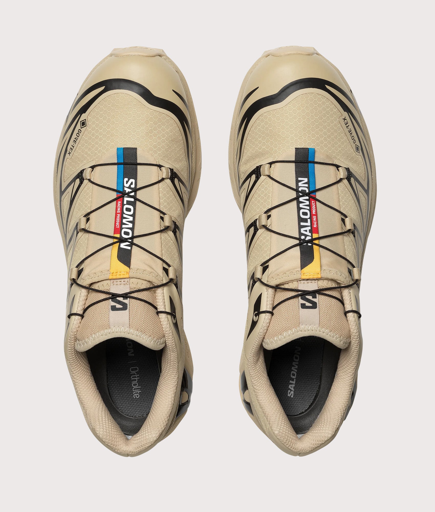 SALOMON XT-6 GTX Sneakers in Safari and Black at EQVVS Menswear. Top shot.