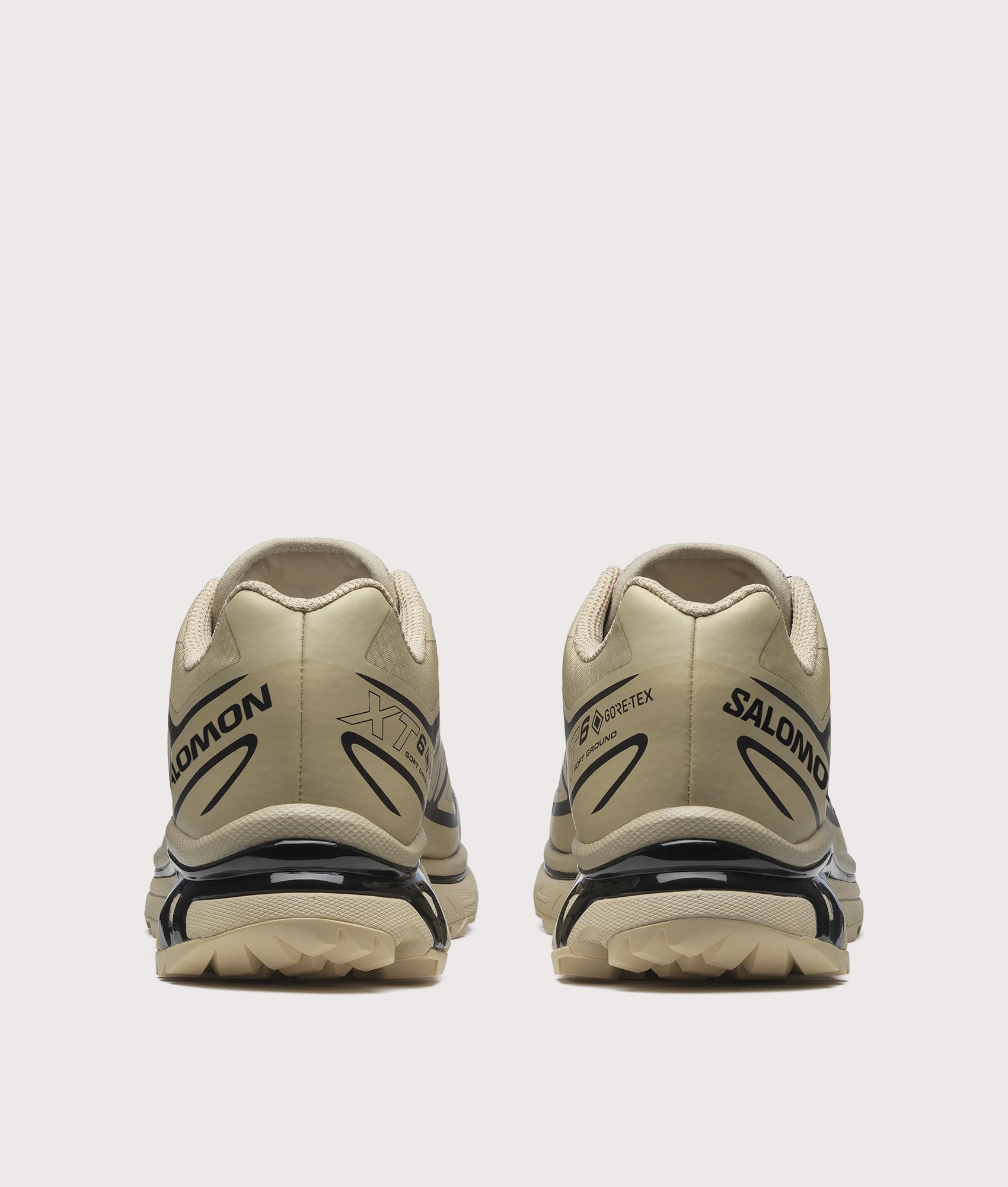 SALOMON XT-6 GTX Sneakers in Safari and Black at EQVVS Menswear. Detail shot.