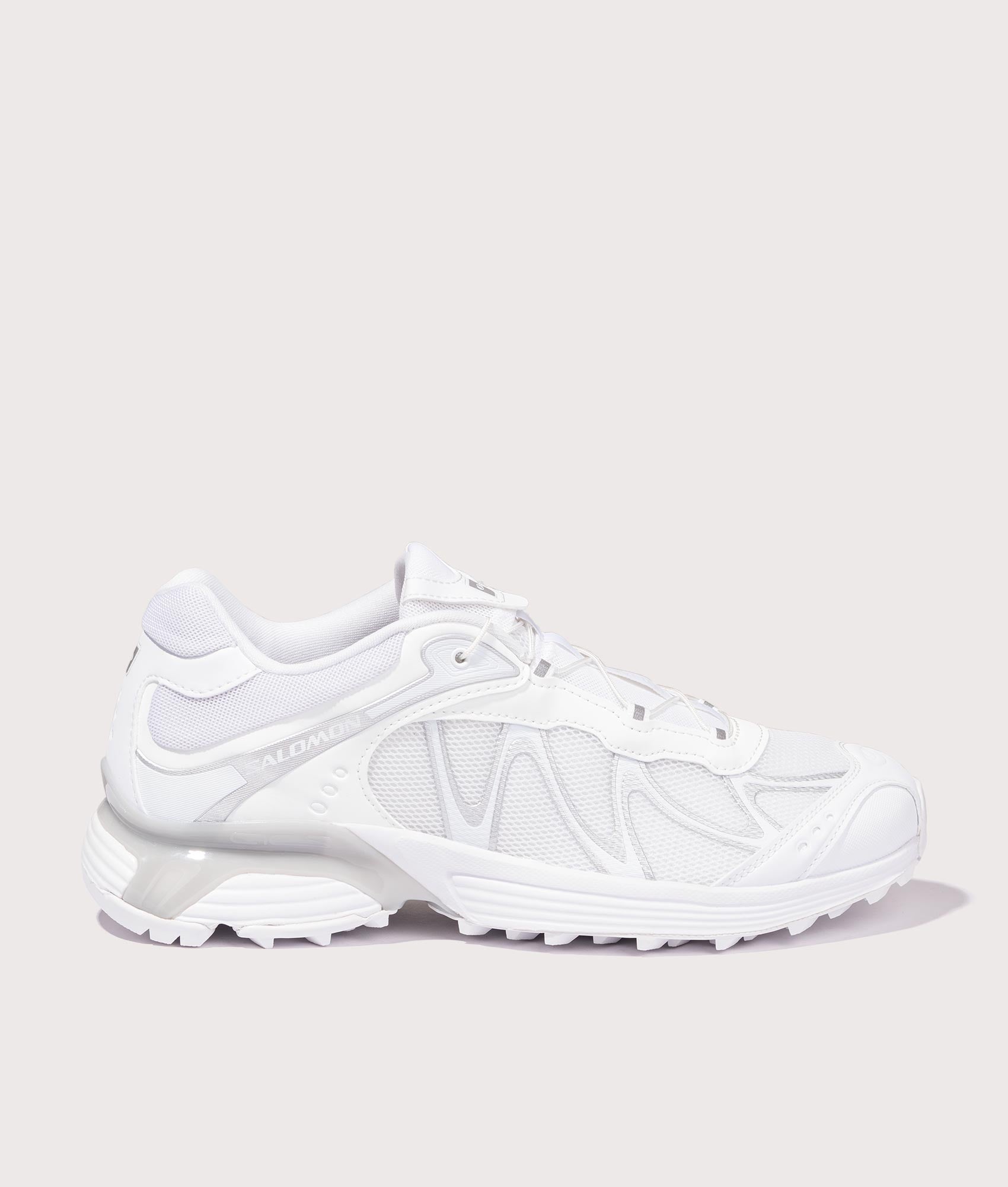 SALOMON XT-Whisper Sneakers in White/Lunar Rock/FTW Silver at EQVVS Menswear. Side shot.