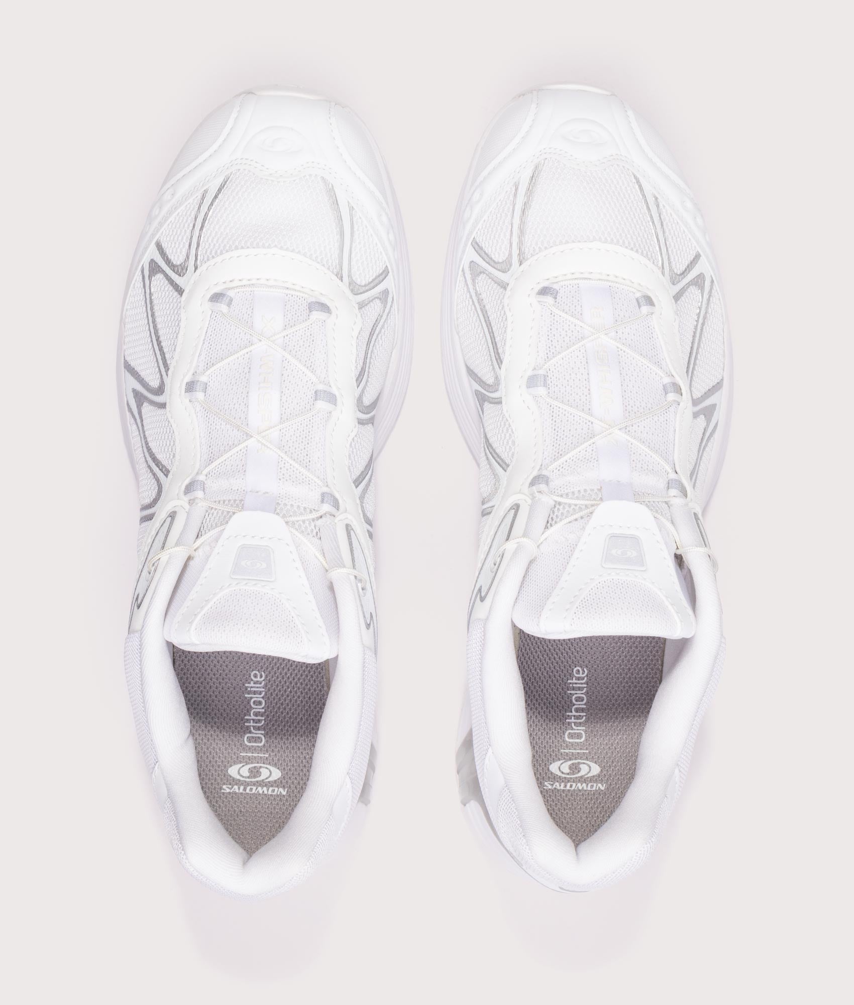 SALOMON XT-Whisper Sneakers in White/Lunar Rock/FTW Silver at EQVVS Menswear. Top shot.