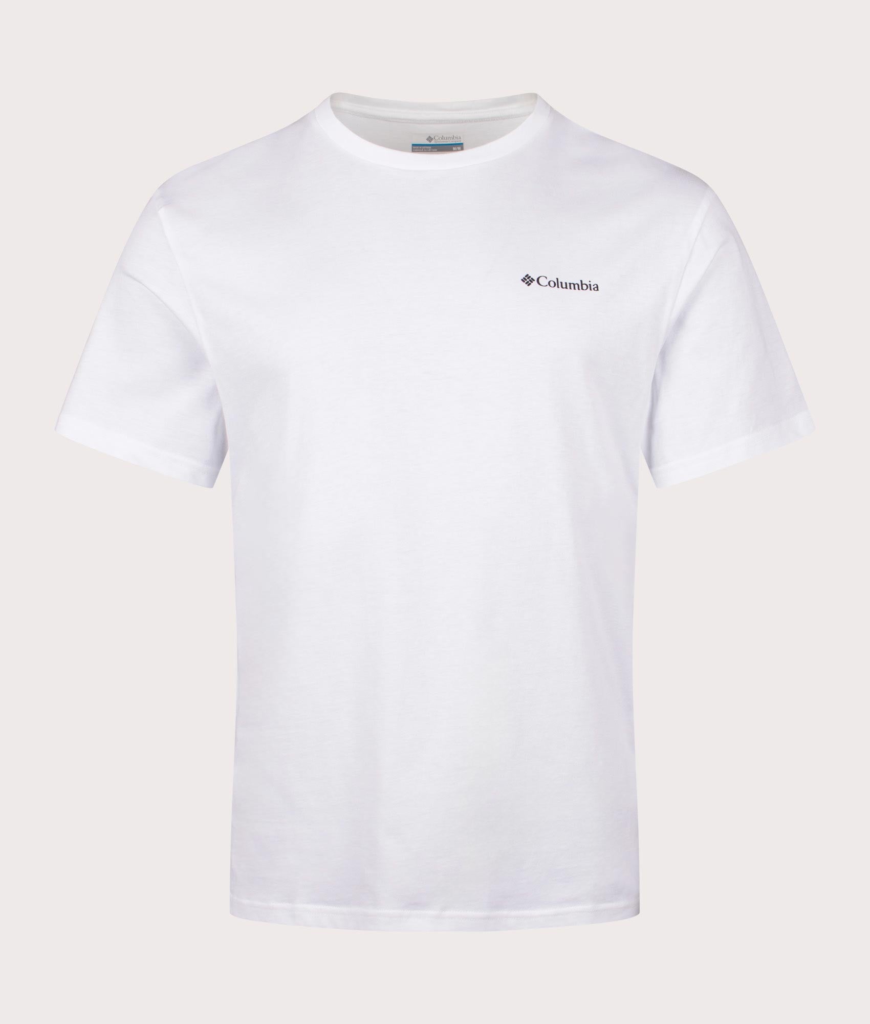 Columbia North Cascades T-Shirt in White. Shot at EQVVS. Front shot
