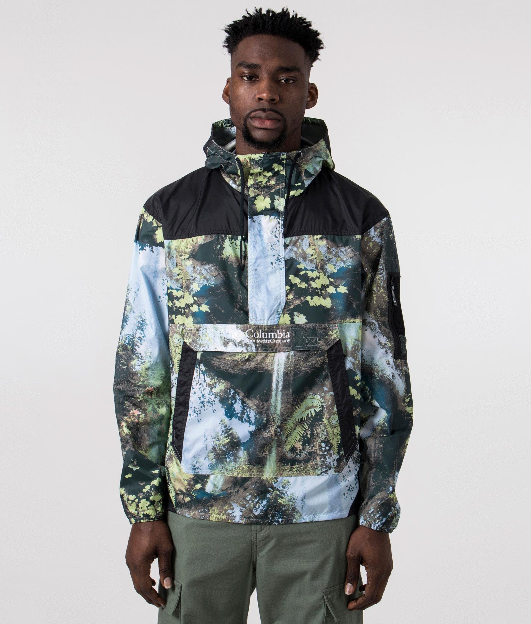 Challenger Windbreaker in Chase Green Napa falls print black. EQVVS front angle shot.