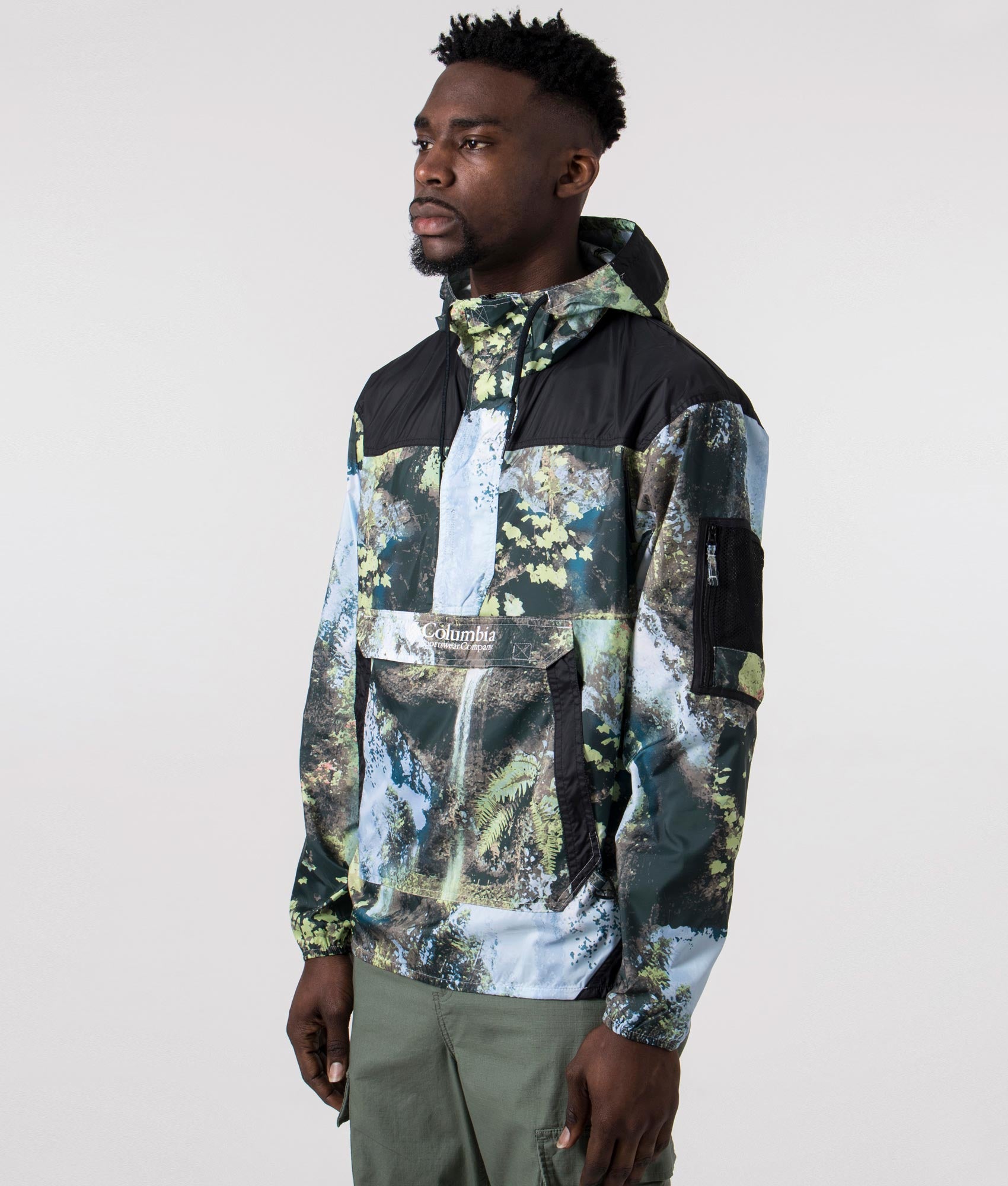 Challenger Windbreaker in Chase Green Napa falls print black. EQVVS side angle shot