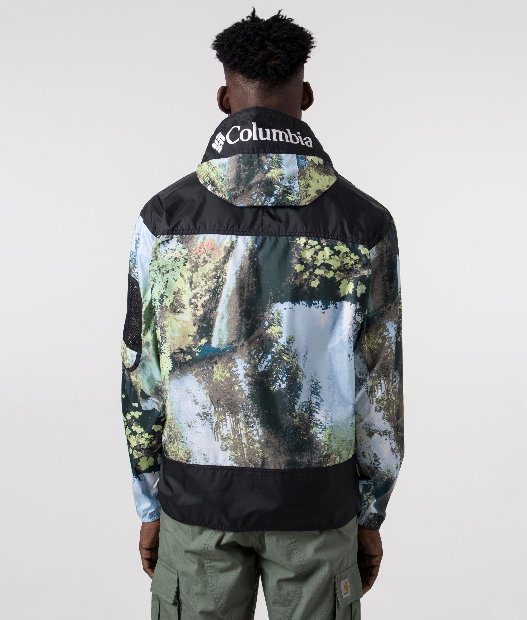 Challenger Windbreaker in Chase Green Napa falls print black. EQVVS back angle shot