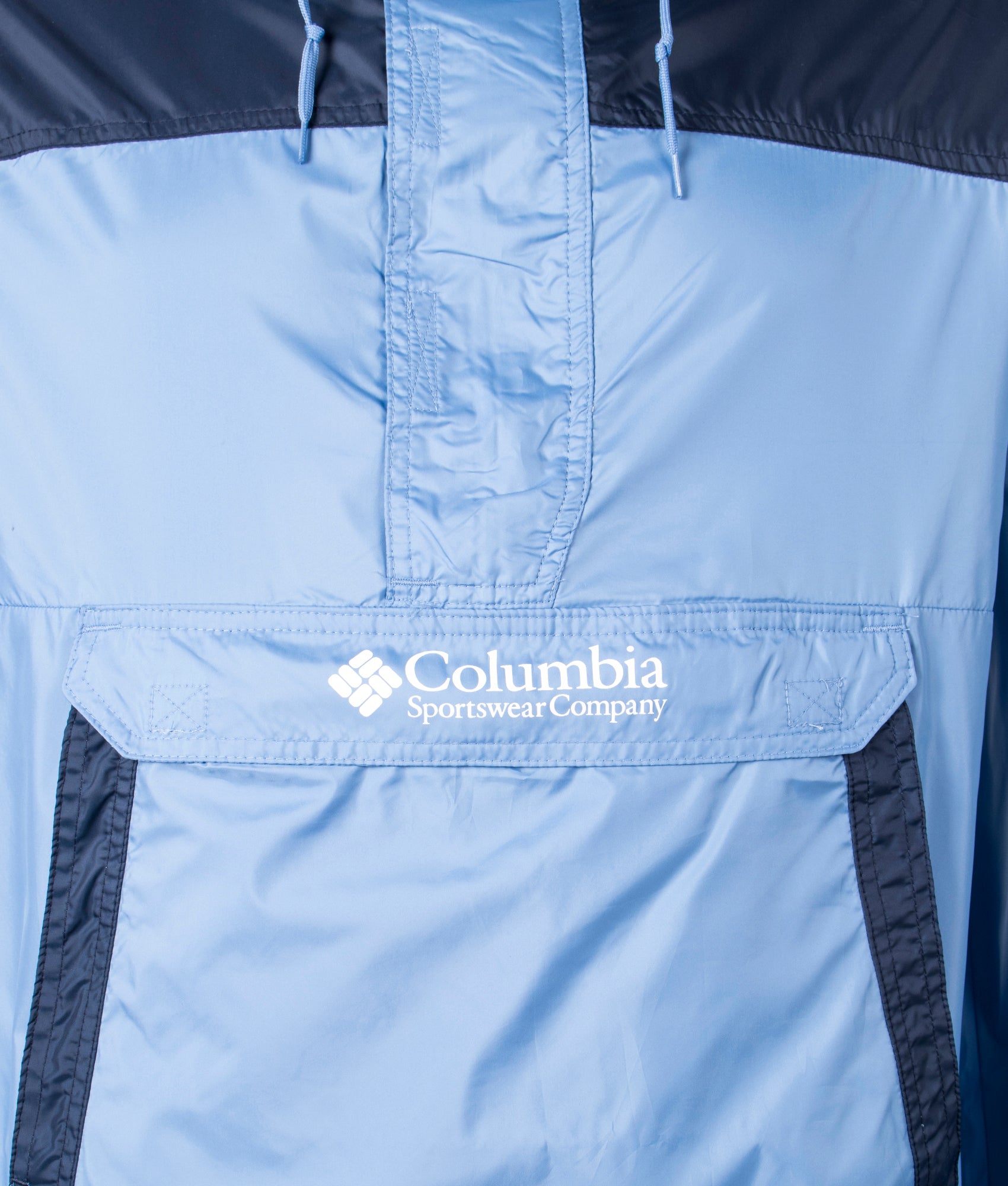 Columbia Overhead Challenger Windbreaker in Skyler/Collegiate Navy Detail Shot at EQVVS