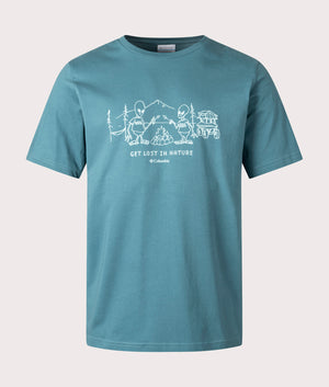 Columbia Explorers Canyon T-Shirt in Cloudburst Blue with Welcome Visitors Graphics, 100% Cotton Front Shot EQVVS