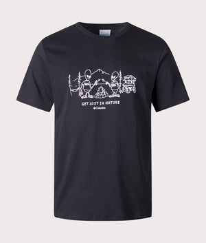 Columbia Explorers Canyon T-Shirt in Black Featuring Welcome Visitors Graphics, 100% Cotton, Front Shot at EQVVS