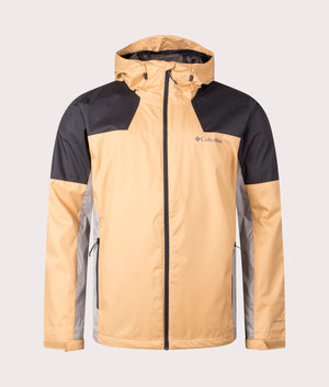 Columbia Inner Limits III Waterproof Hiking Jacket in Light Camel Shark Black and Flint Grey, 100% Polyester Front Shot at EQVVS