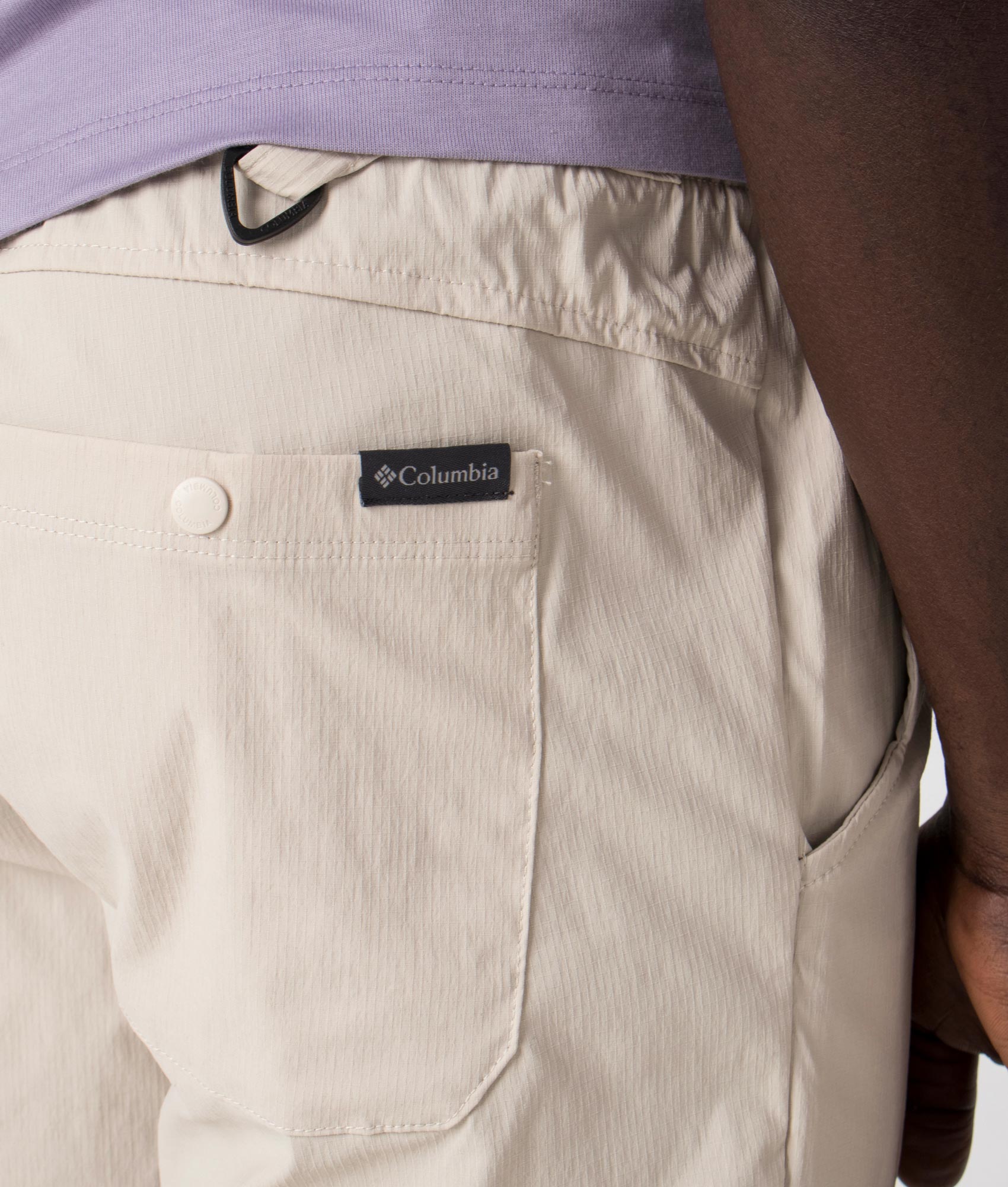 Columbia Landroamer ripstop short in 278 Dark Stone with belt detail 96% Nylon, 4% Elastane back detail shot at EQVVS