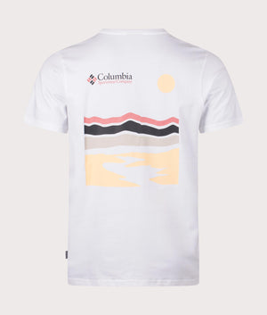 Columbia Explorers Canyon Back Graphic T-Shirt in 108 White/Heritage Hills back logo shot at EQVVS