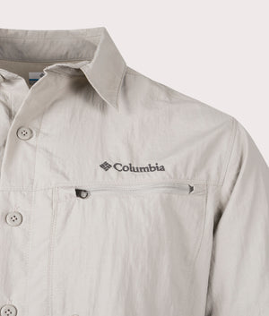 Columbia Mountaindale Outdoor Short Sleeve Shirt in Flint Grey Detail Shot at EQVVS