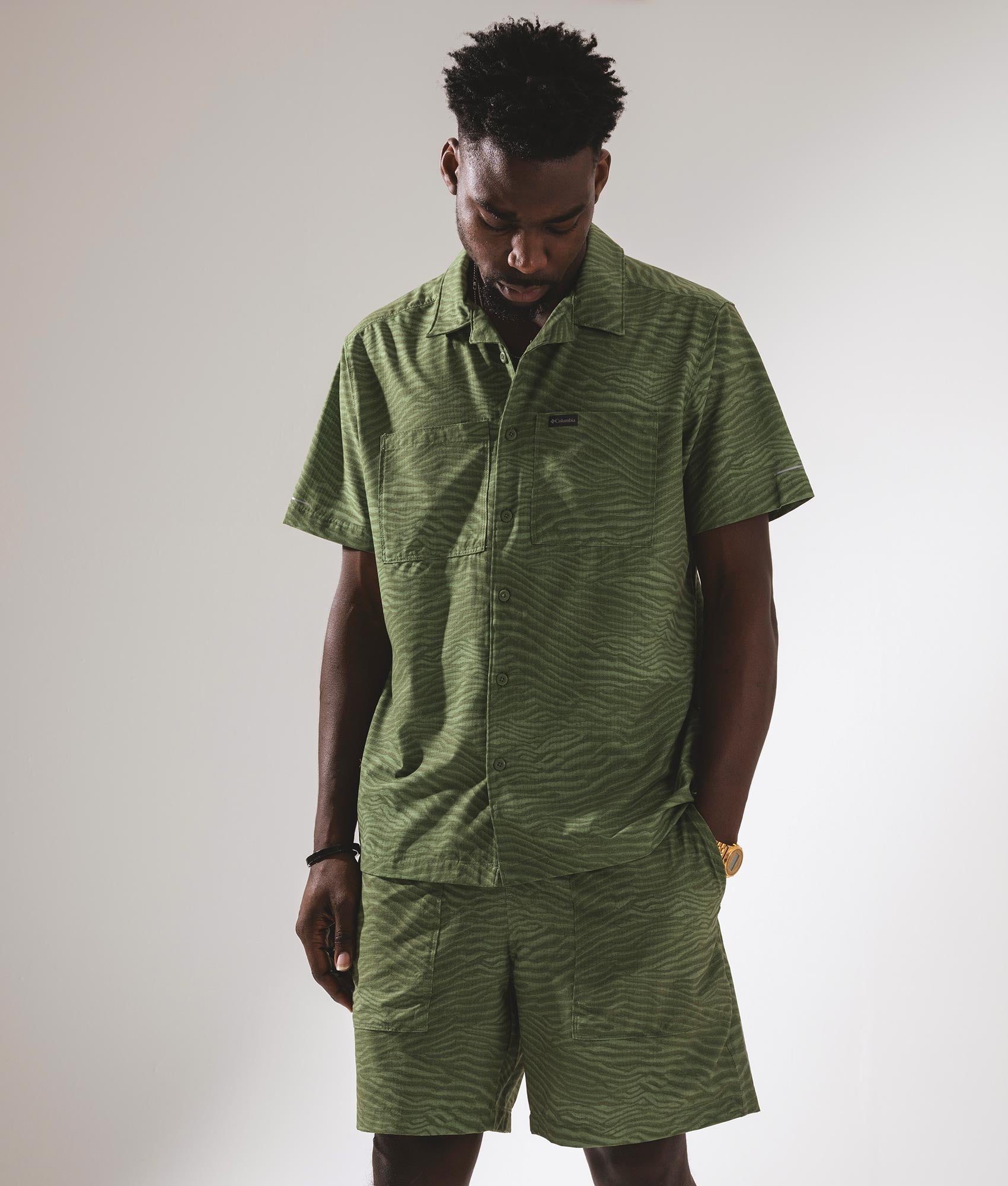 Black Mesa Lightweight Short Sleeve Shirt in Canteen Variegated by Columbia. EQVVS Campaign shot.