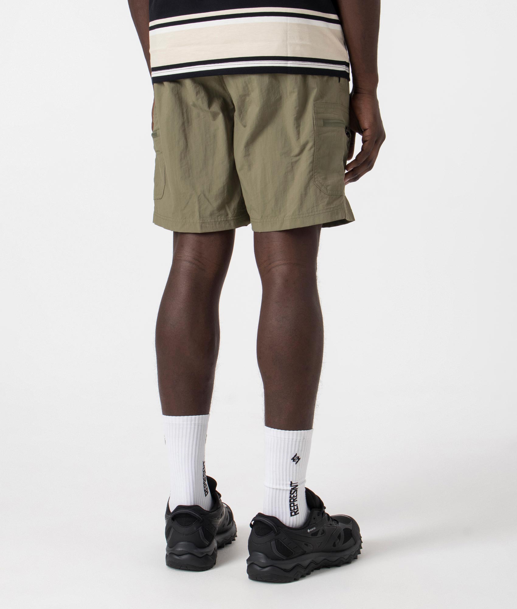 Columbia mountaindale short in 397 stone green with belt detail back shot at EQVVS