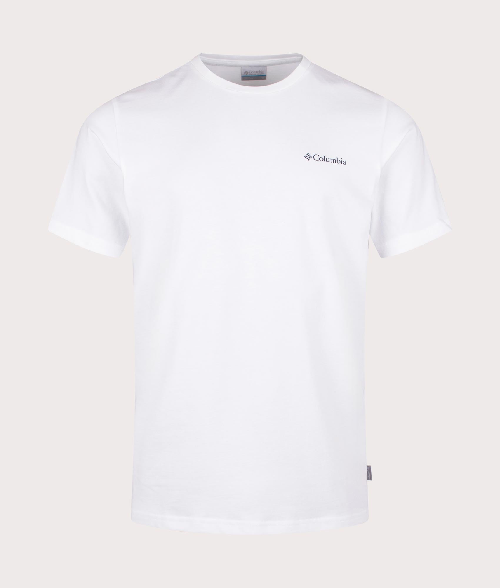 Explorers Canyon Back T-Shirt in White by Columbia. EQVVS Shot. 