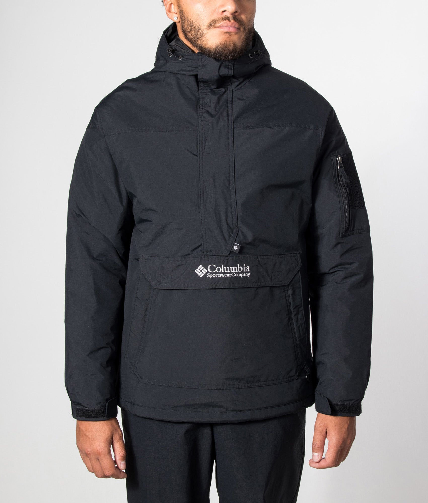 Columbia Challenger II Insulated Pullover Jacket in Black at EQVVS Menswear. Model front shot.