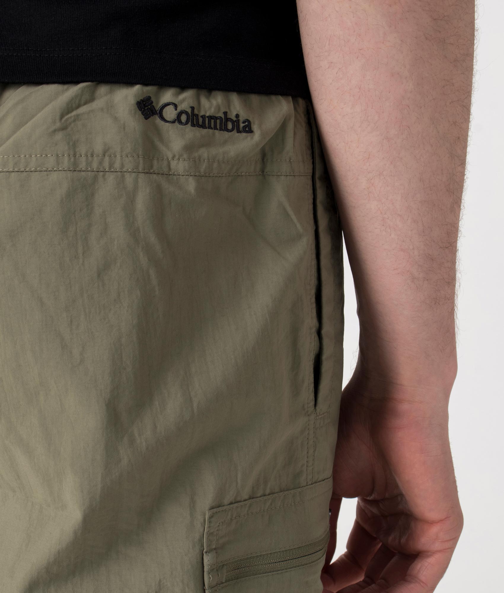 Columbia Mountaindale Cargo Shorts in Stone Green at EQVVS . Detail Shot.