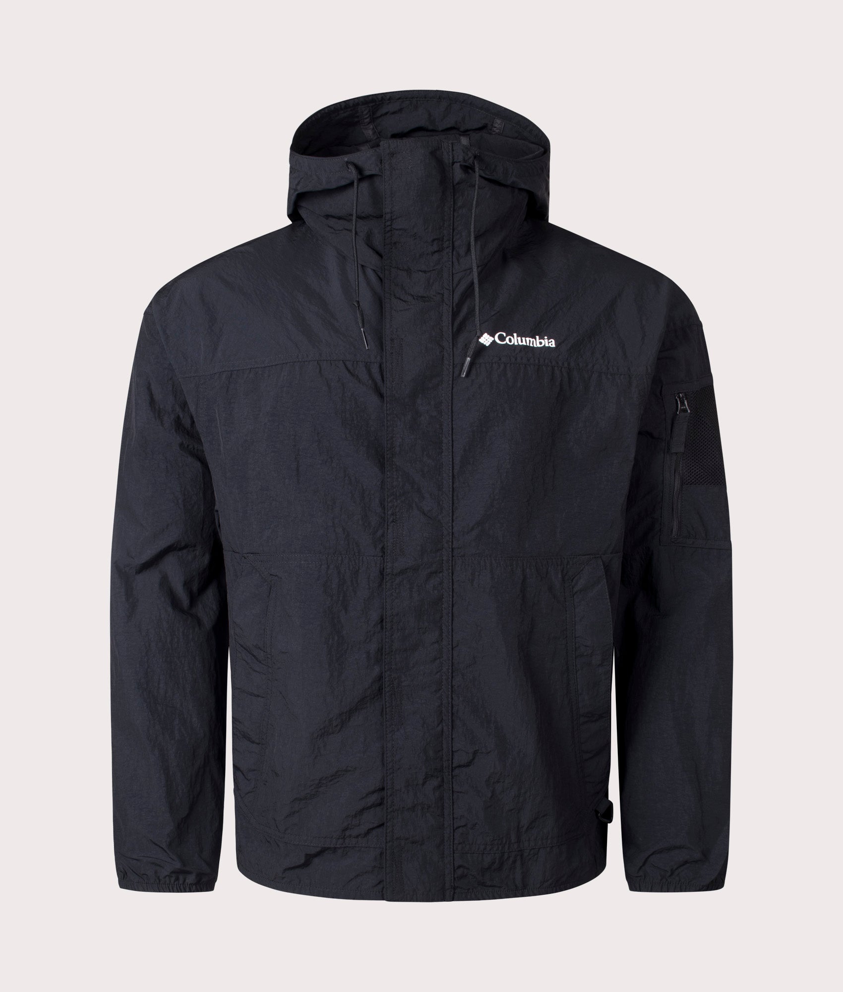 Columbia Challenger II Windbreaker in Black. Shot at EQVVS. Front shot. 