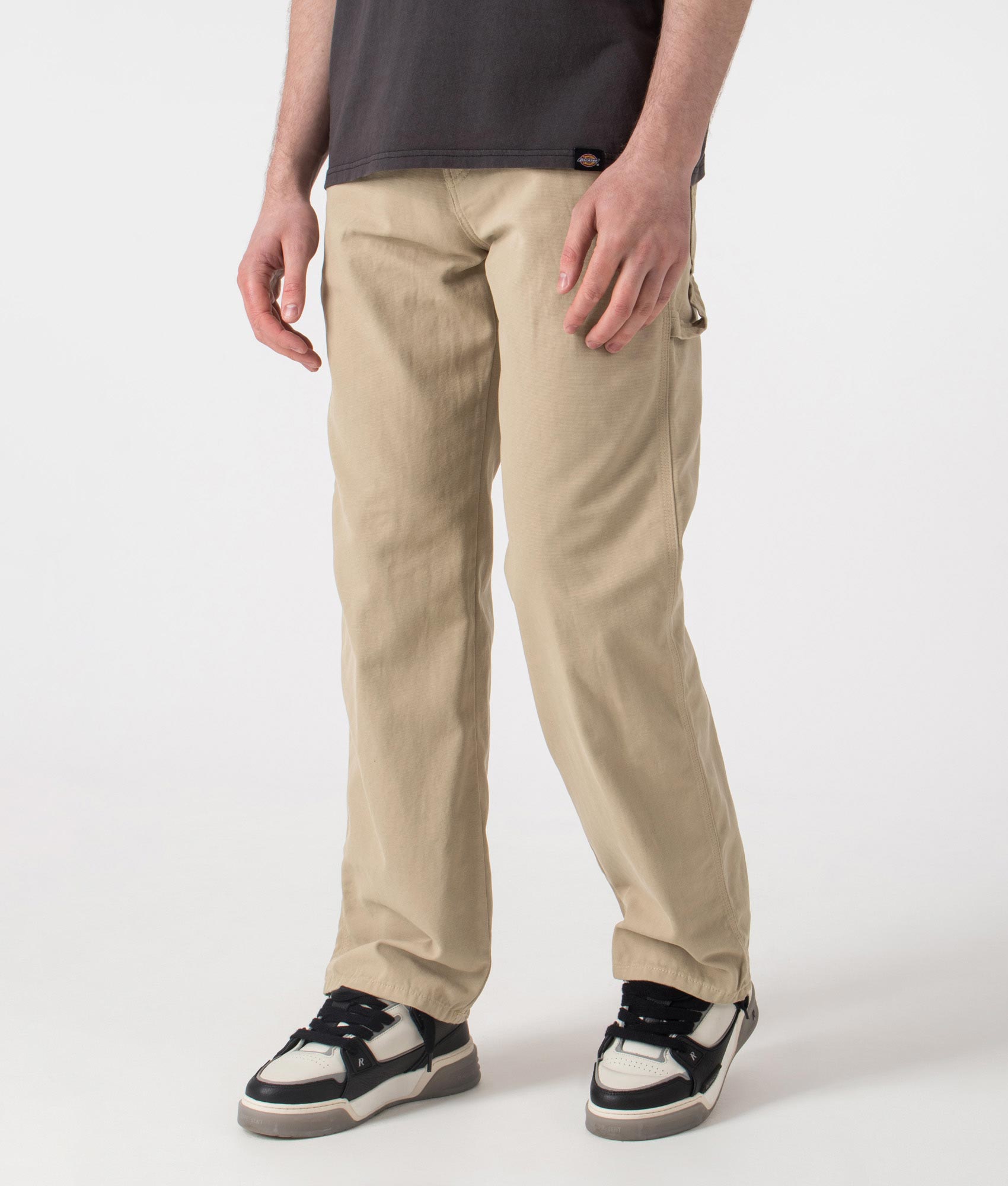 Dickies Canvas Carpenter Lighweight Trousers in Desert Sand. Shot at EQVVS.  Side shot. 