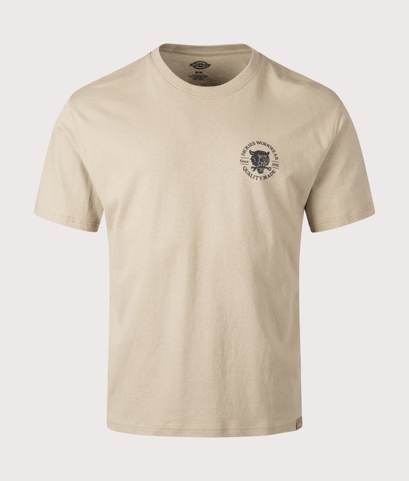Dickies Wrench T-Shirt in Desert Sand. Shot at EQVVS.  Front shot. 