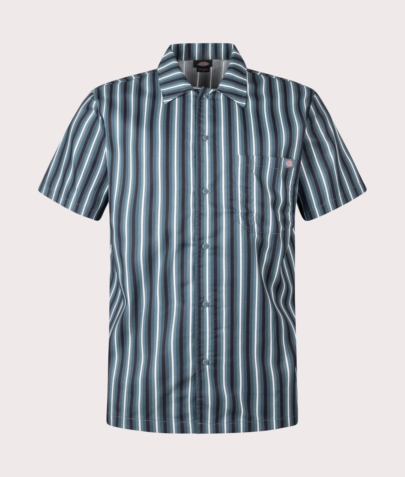 Dickies Multi Stripe Short Sleeve Work Shirt in Stormy Weather. Shot at EQVVS.  Front detail shot 