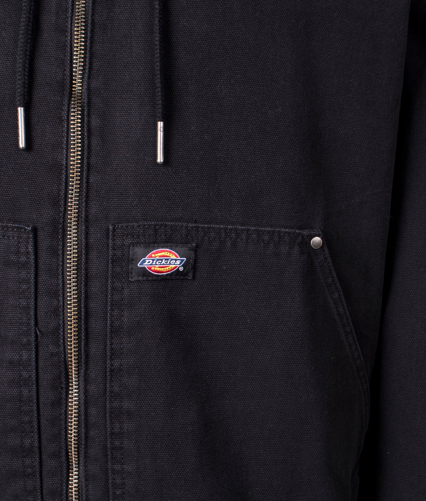 Dickies Hooded Duck Canvas Jacket in Stone Washed Black by Dickies. EQVVS Shot.