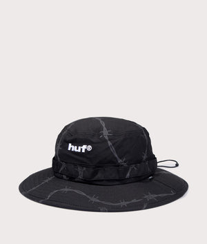 HUF Reservoir Boonie Bucket Hat in Black with Grey Barbel Print, 100% Nylon Angle Shot at EQVVS