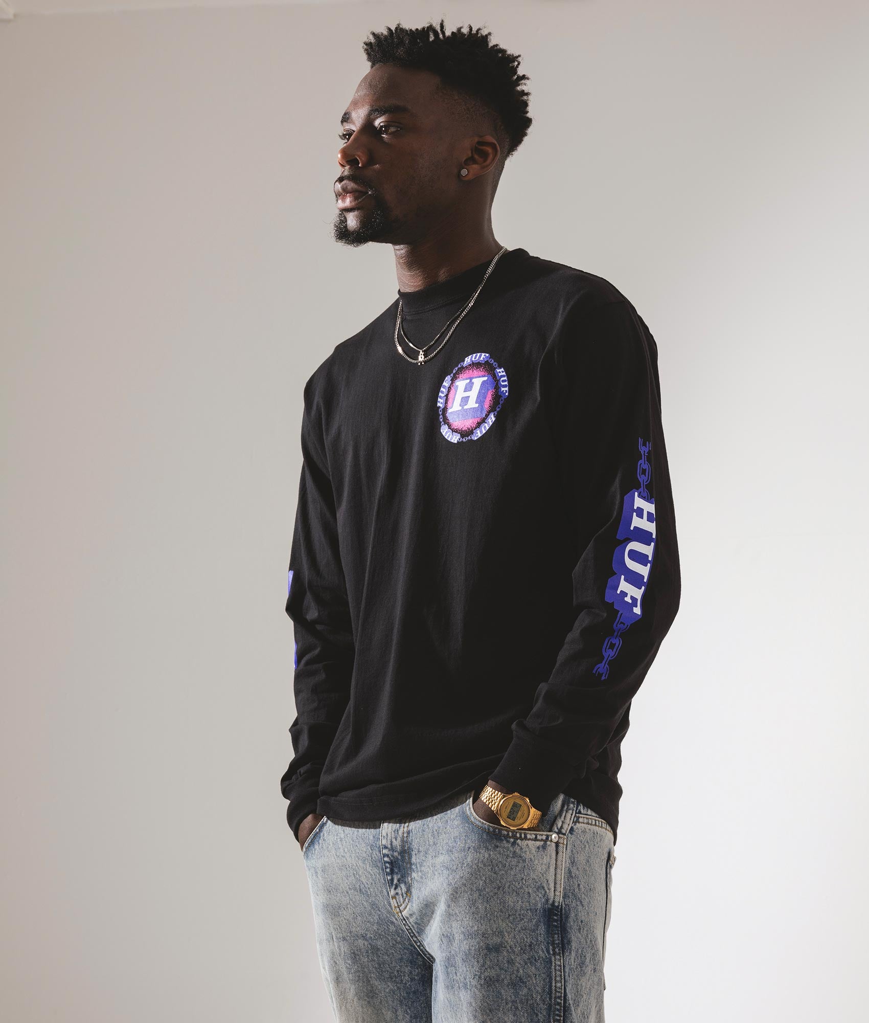Dependable Long Sleeve T-Shirt in Black by Huf. EQVVS Campaign Shot.