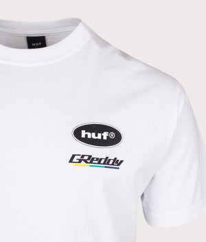 Huf X Greddy T-Shirt in White by Huf. EQVVS Detail Shot.