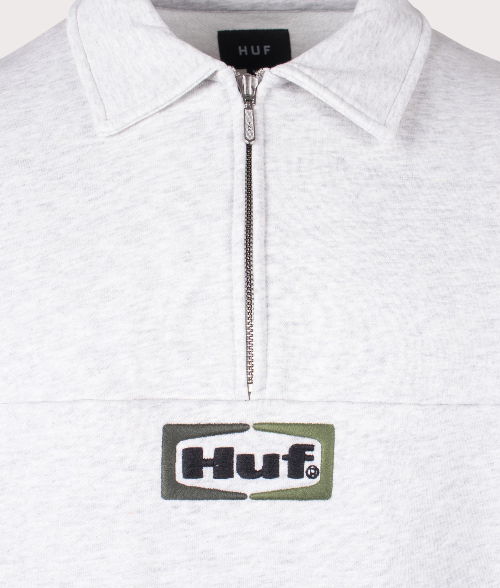 Huf Slate Quarter Zip Sweatshirt in Heather grey at EQVVS Menswear detail shot 