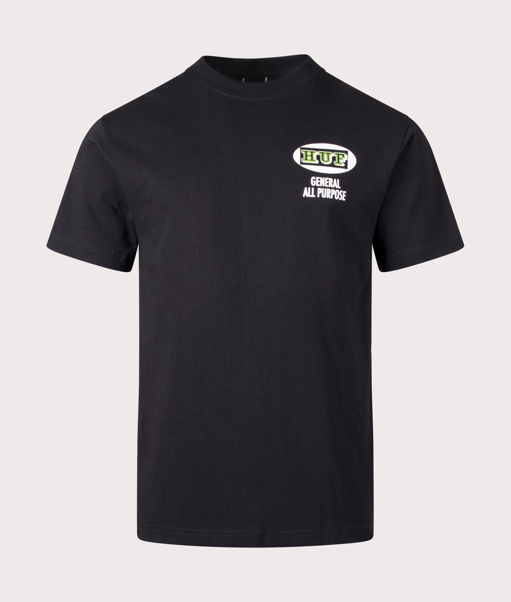 HUF All Purpose T-Shirt in Black with Back Print at EQVVS Front Shot