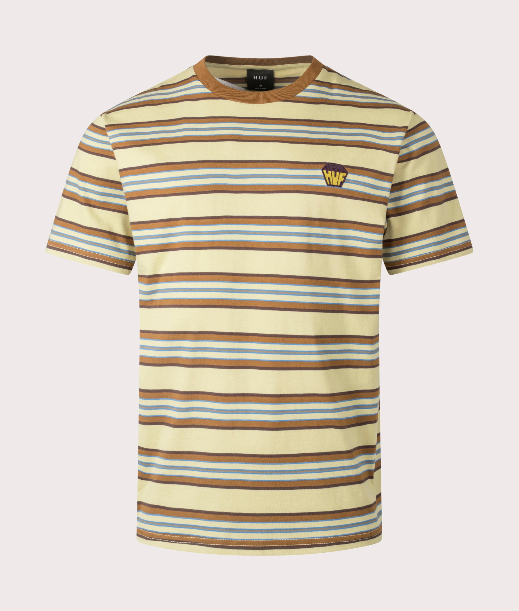 HUF Relaxed Fit Big Block Stripe Boxy T-Shirt in Clay. Shot at EQVVS. Front shot 