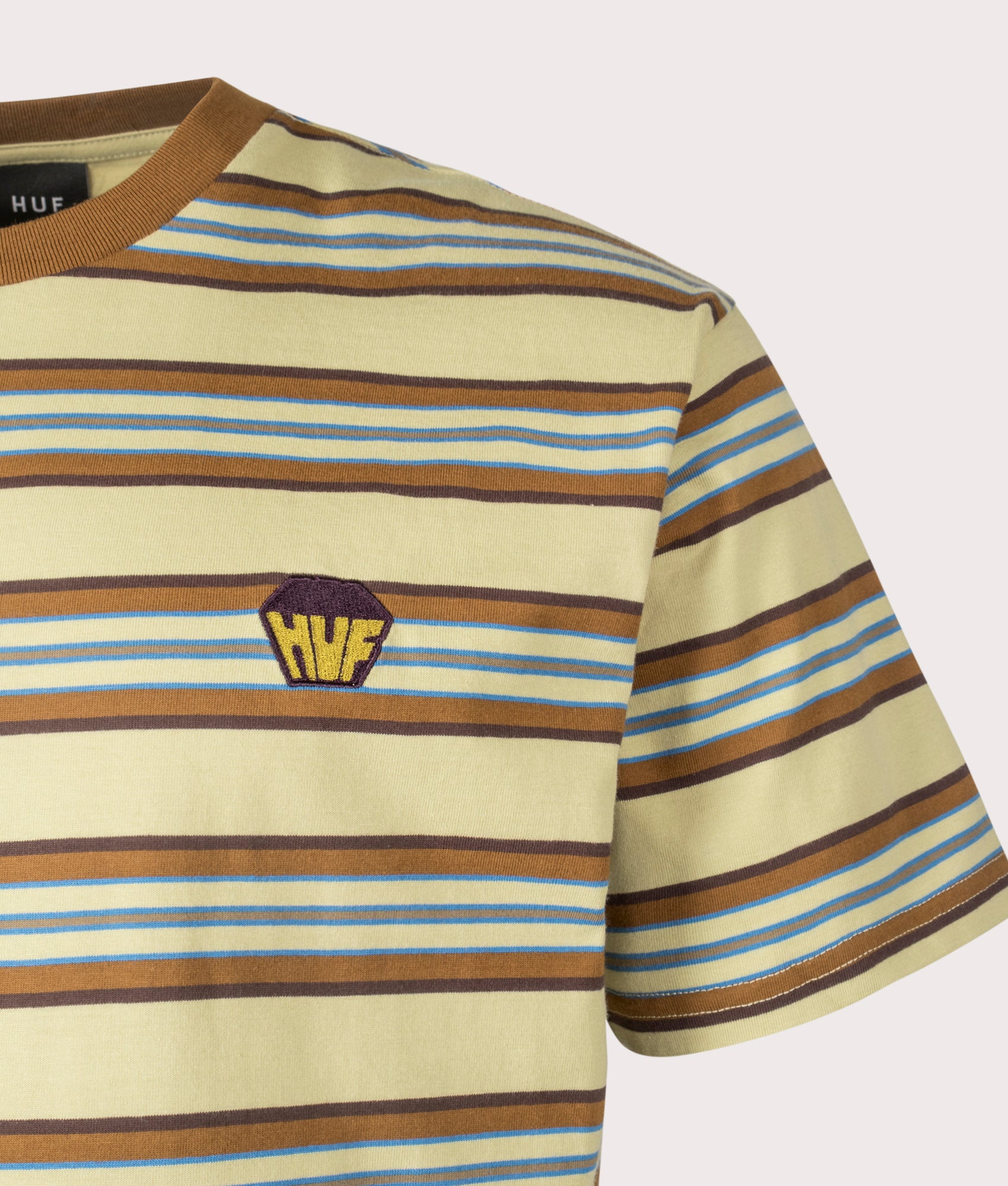 HUF Relaxed Fit Big Block Stripe Boxy T-Shirt in Clay. Shot at EQVVS. Front detail shot 