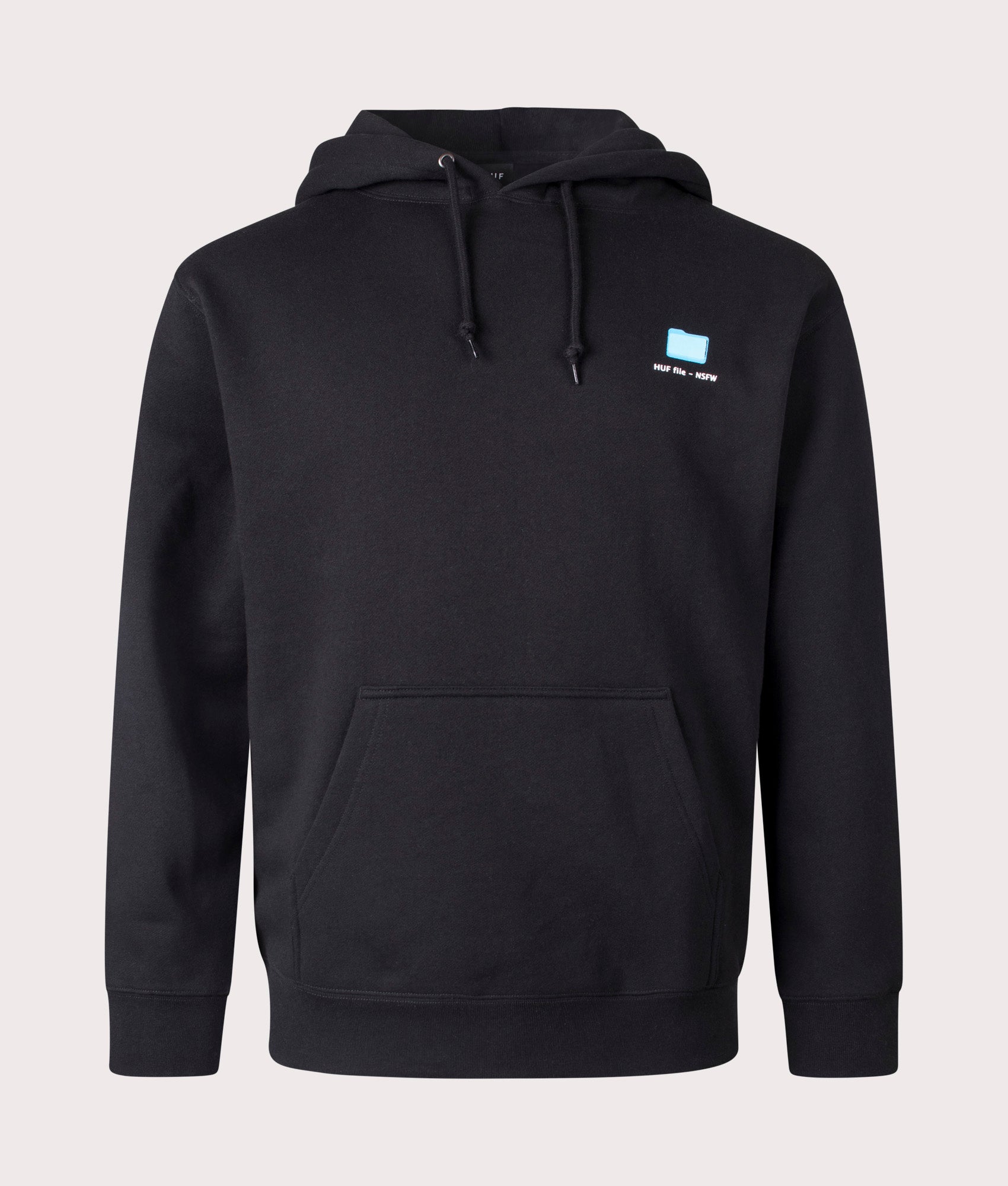 HUF Desktop Hoodie in Black at EQVVS Menswear. Front shot.